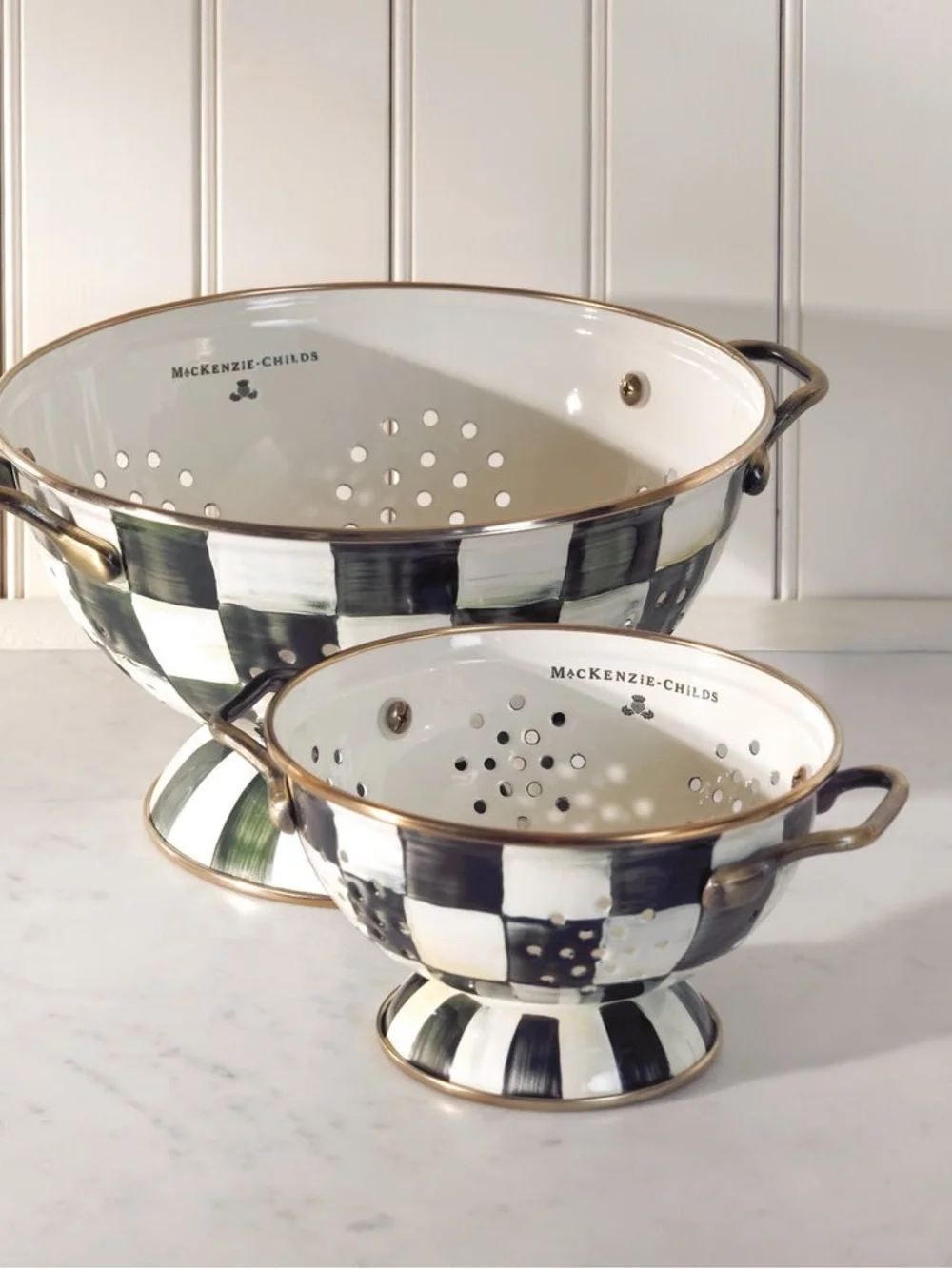 McKenzie Childs Enamel Colanders.Cream with Bronze Trim. Set of 2 Pieces Bk & Wh